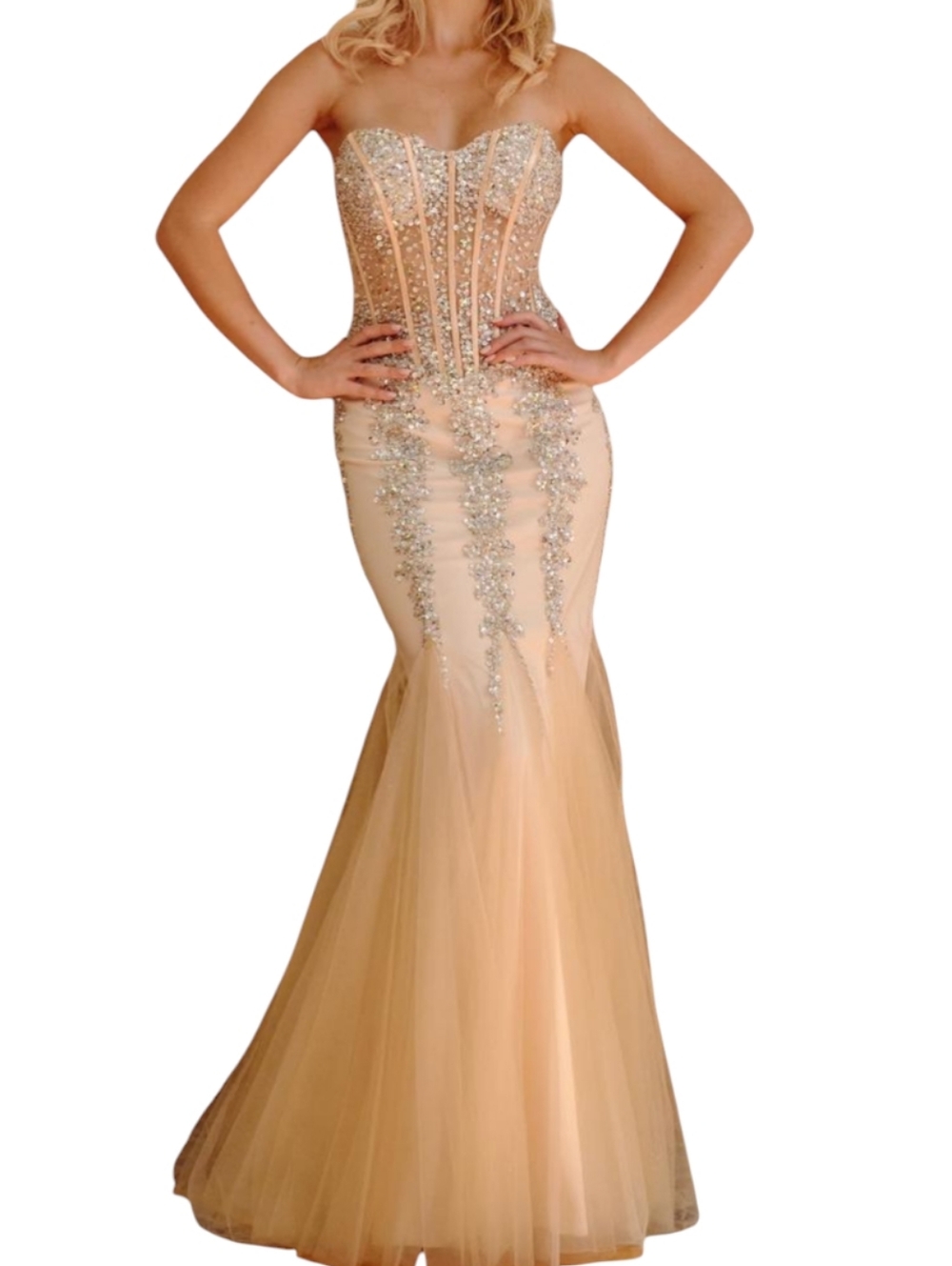 Jovani Strapless Long Beaded Sheer-Bodice Prom Dress 7051 In Cream...Size 8